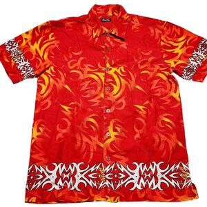 Vintage Y2K Youth Size Large Tribal Blue Edge Orange Red Button Up Aop